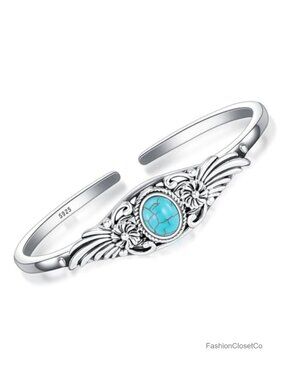 Sterling Silver Genuine Turquoise Flower Cuff Bracelet Adjustable Boho Vintage